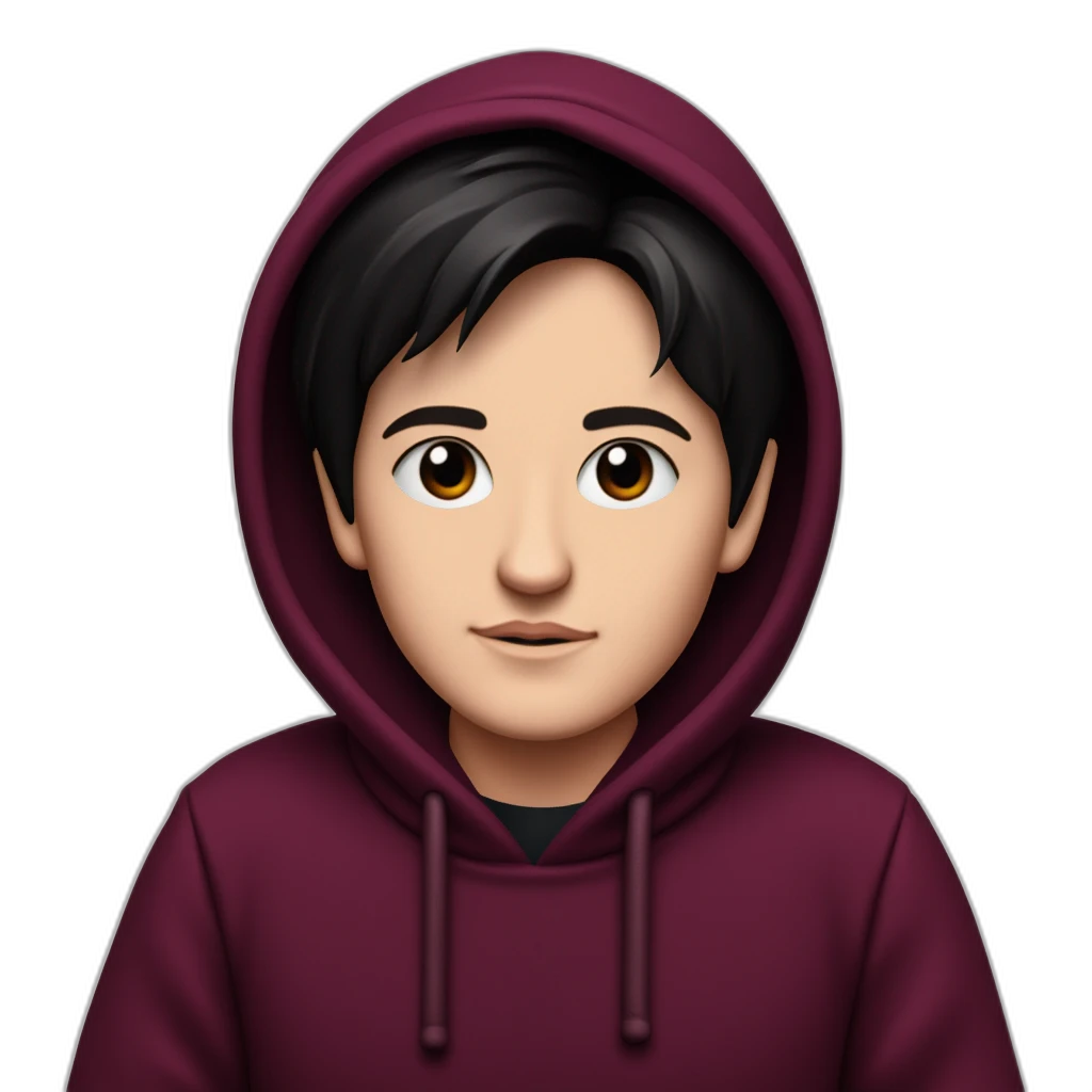 Wearing a maroon hoodie with the hood up; dark hair, smooth skin, symmetrical face, alert eyes, neutral look.-emoji