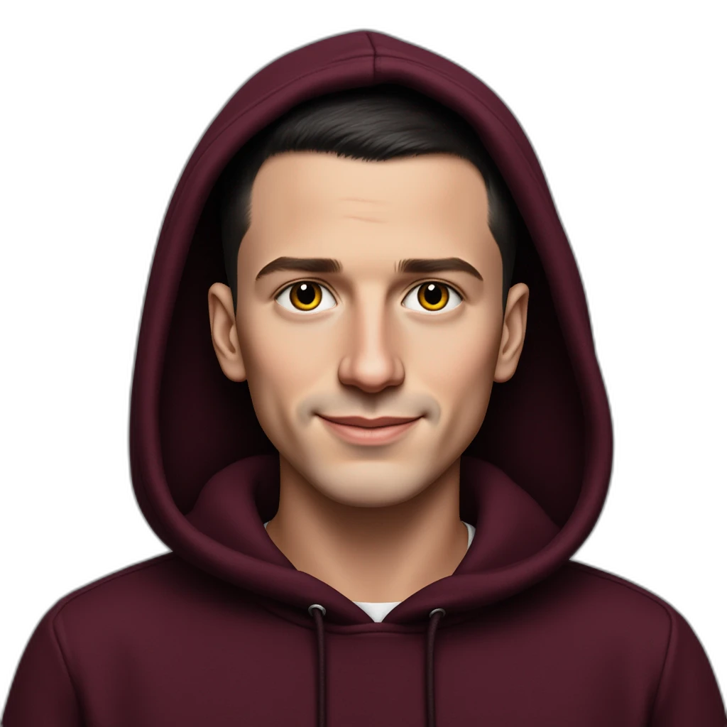 white YOUNG european guy Wearing a maroon hoodie with the hood up; short buzzcut dark hair, smooth skin, symmetrical face, alert eyes, neutral look.-emoji