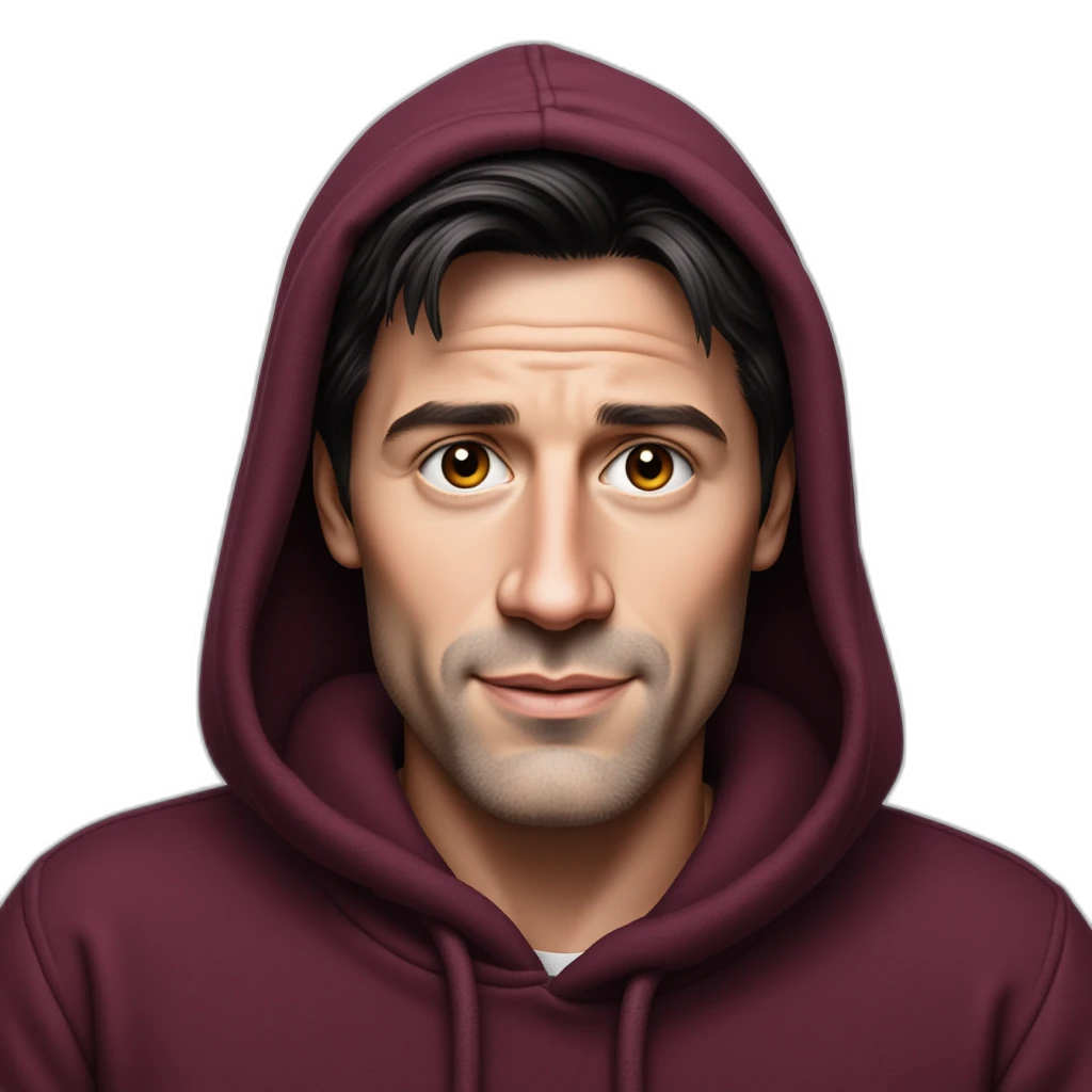 white guy Wearing a maroon hoodie with the hood up; dark hair, smooth skin, symmetrical face, alert eyes, neutral look.-emoji