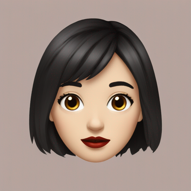 white girl with short black hair , light brown eyes, red lipstick, blush and wispy bangs that point downards-emoji