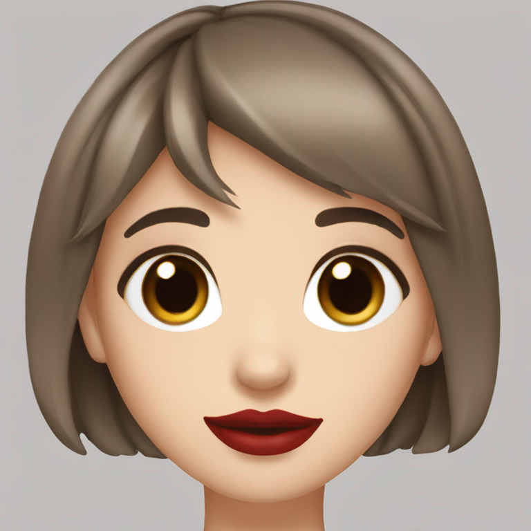 white girl with short dark hair, light brown eyes, red lipstick, blush and wispy bangs-emoji