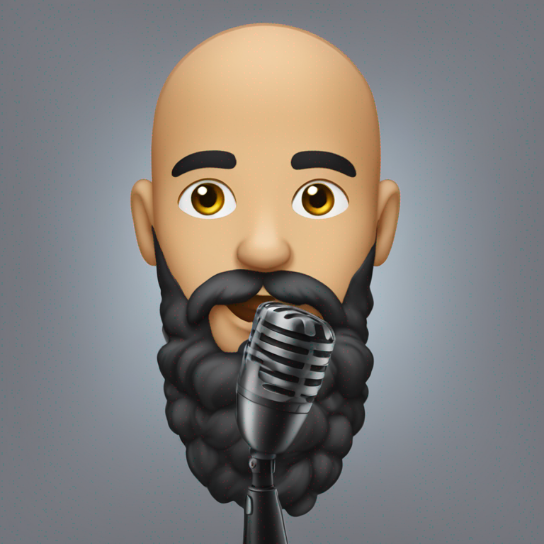 emoji of MEDIUM SHOT OF a young bald brazilian man HOLDING A MICROFONE LIKE A JAZZ SINGER, with a BLACK beard AND DARK EYES, BALD YOUNG MAN-emoji