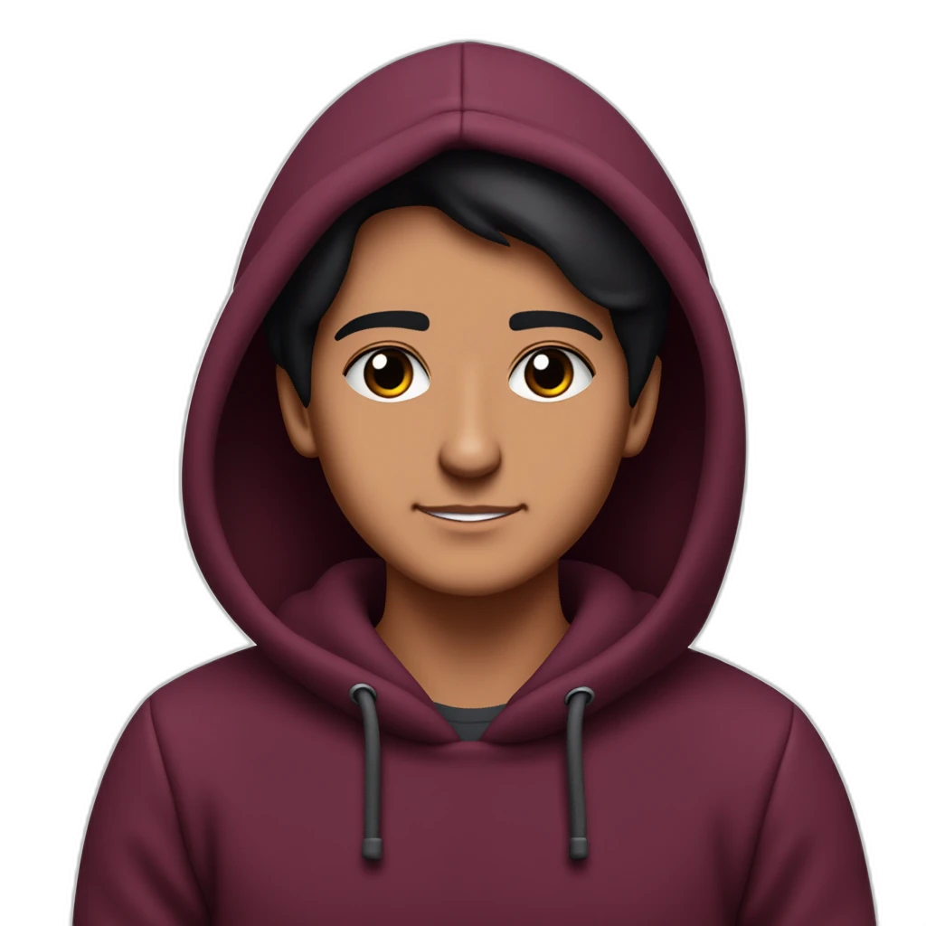 Wearing a maroon hoodie with the hood up; dark hair, smooth skin, symmetrical face, alert eyes, neutral look.-emoji
