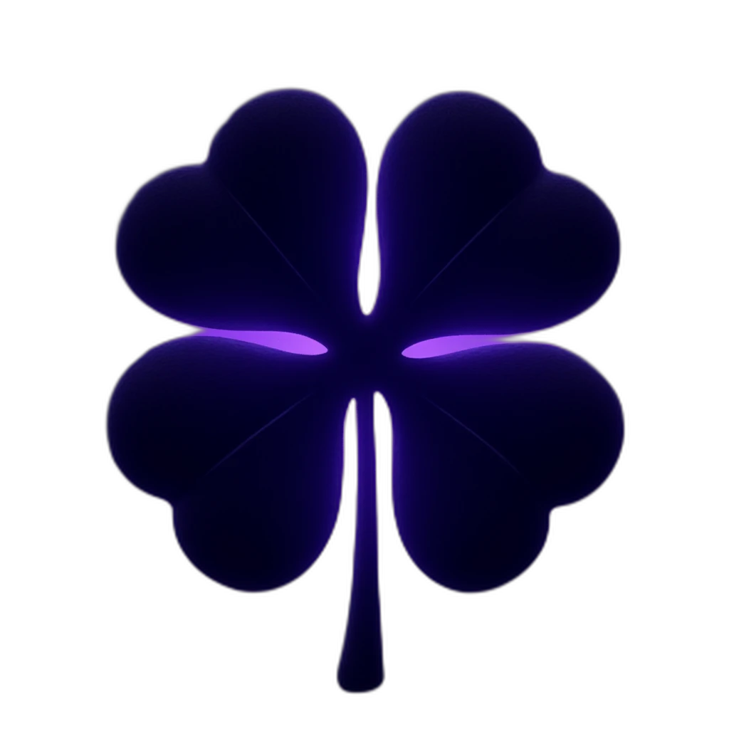 Black four-leaf clover with textured veins on the leaves, surrounded by a bright neon purple glow, on a dark background-emoji