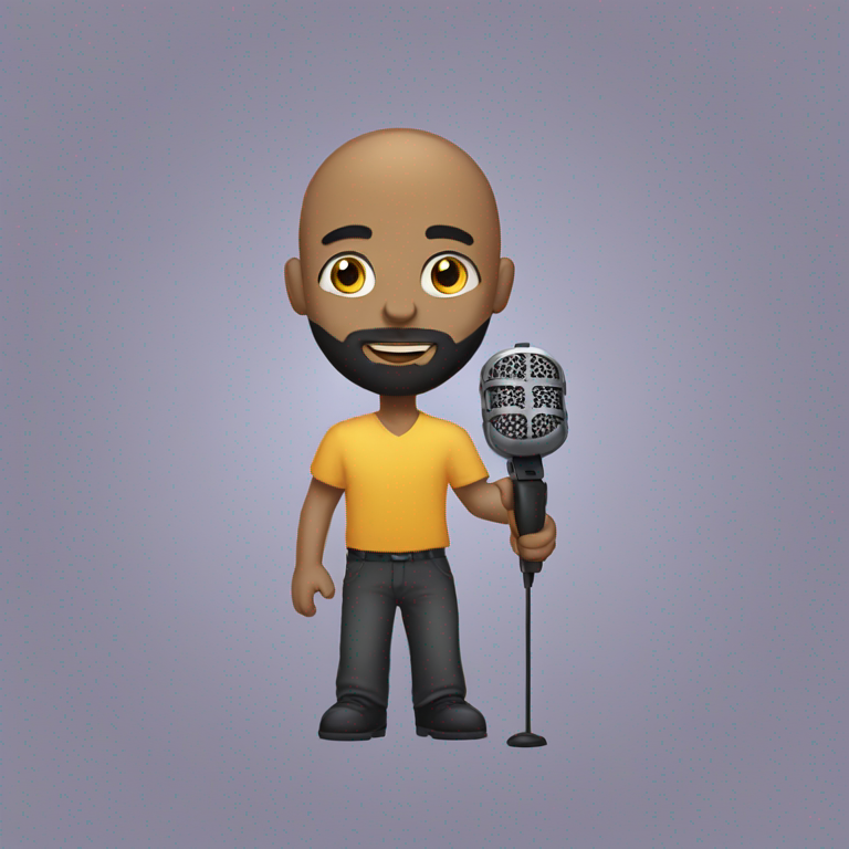 emoji of a young bald brazilian man HOLDING A MICROFONE LIKE A JAZZ SINGER, with a BLACK beard AND DARK EYES, BALD YOUNG MAN-emoji