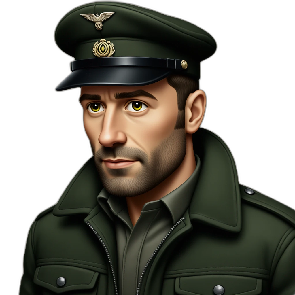 hombre joven blanco, rubio, con barba y perilla, ojos verdes chaqueta de militar y gorro de cocinero-emoji