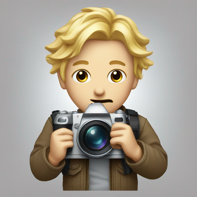 sad photographer with blond hair, black eyes  and rabbit teeth with camera-emoji