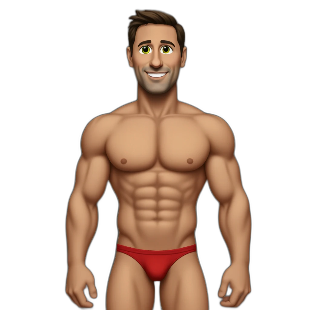 a man in underwear, smiling with green eyes-emoji