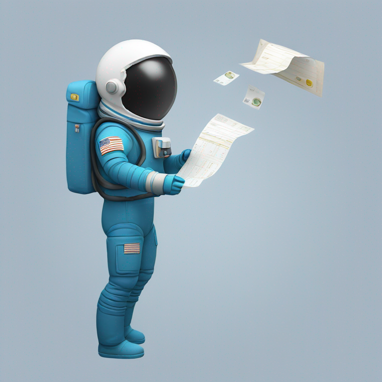 astronaut-man-no face-blue and black suit-taking long paper receipt-flying-emoji