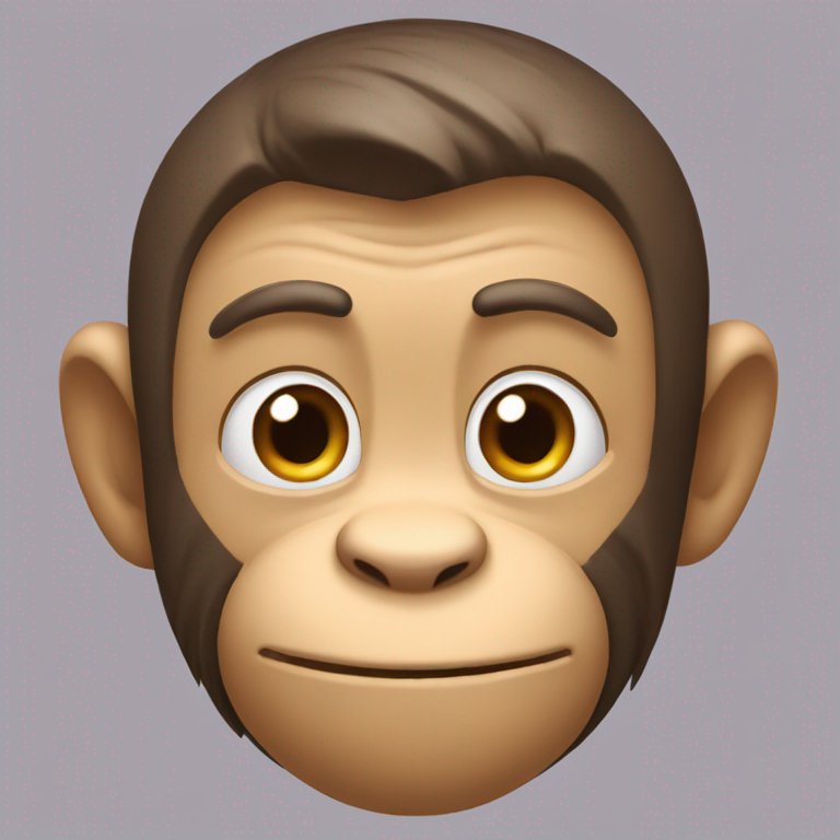 monkey's tilted head, tong-in-cheek looks, right hang holds chin-emoji