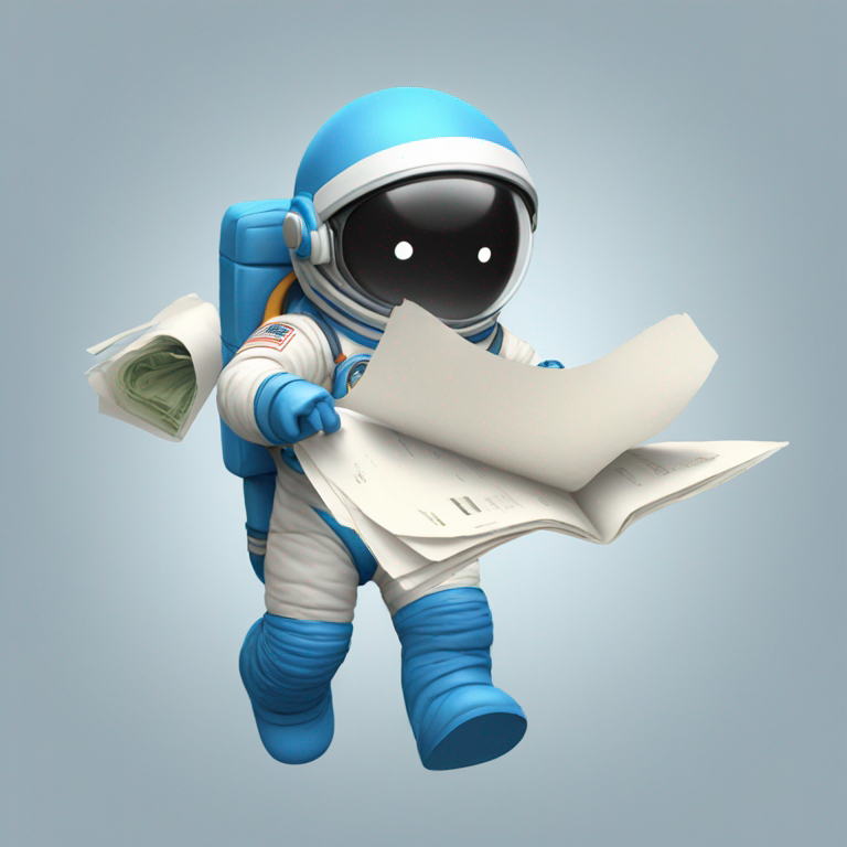 astronaut-man-no face-blue and black suit-taking long paper bill-flying-emoji