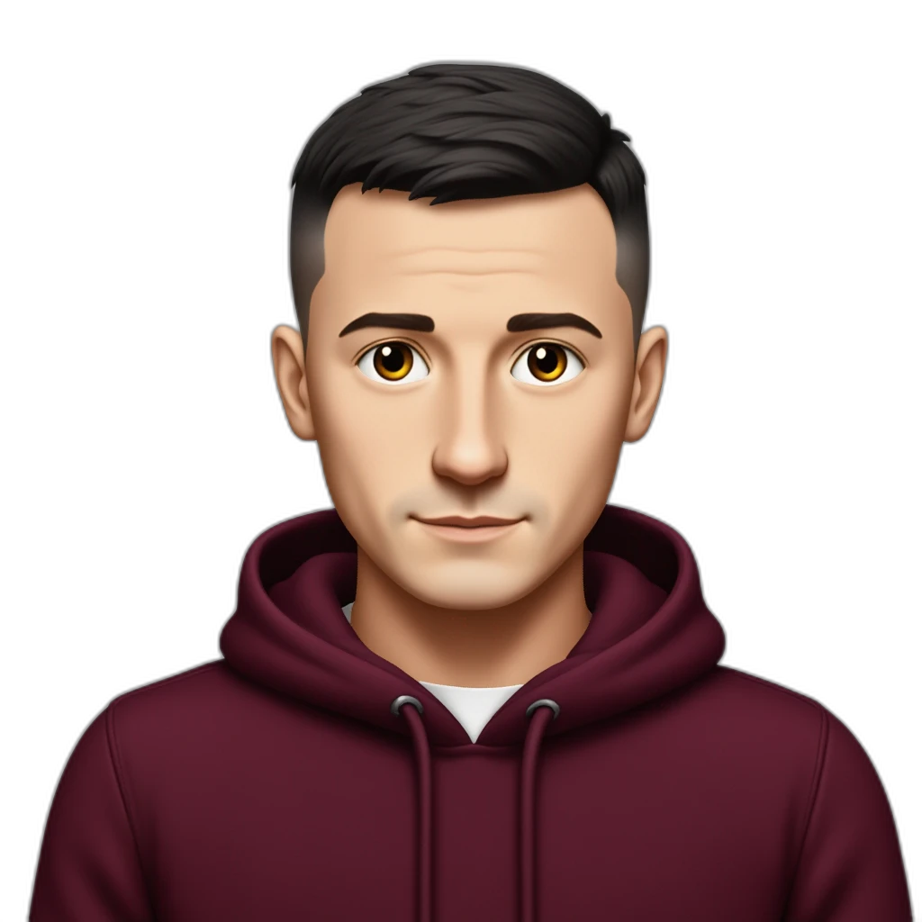 white YOUNG european guy Wearing a maroon hoodie with the hood up; short buzzcut dark hair, smooth skin, symmetrical face, alert eyes, neutral look.-emoji