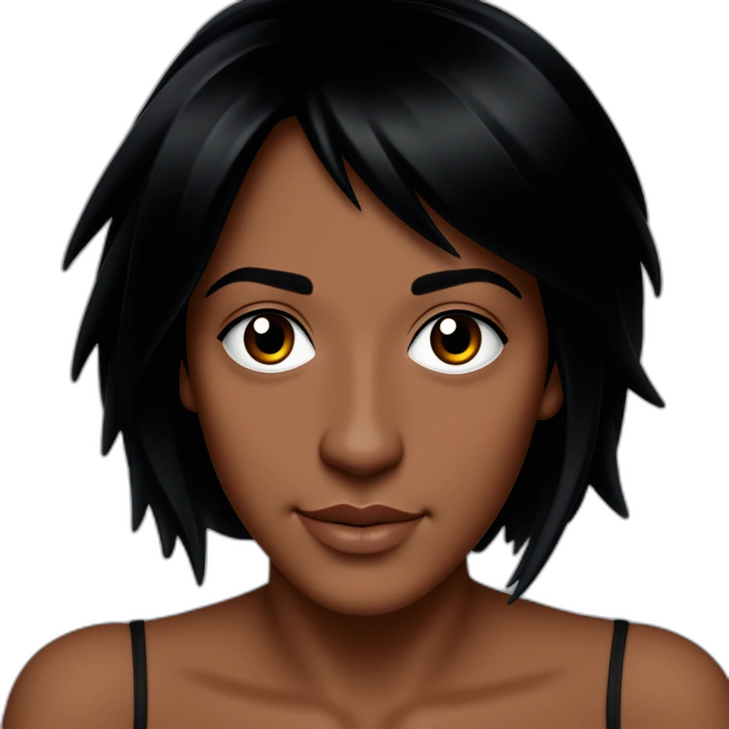 Una mujer con pelo negro y cejas negras con ojos chiquitos-emoji