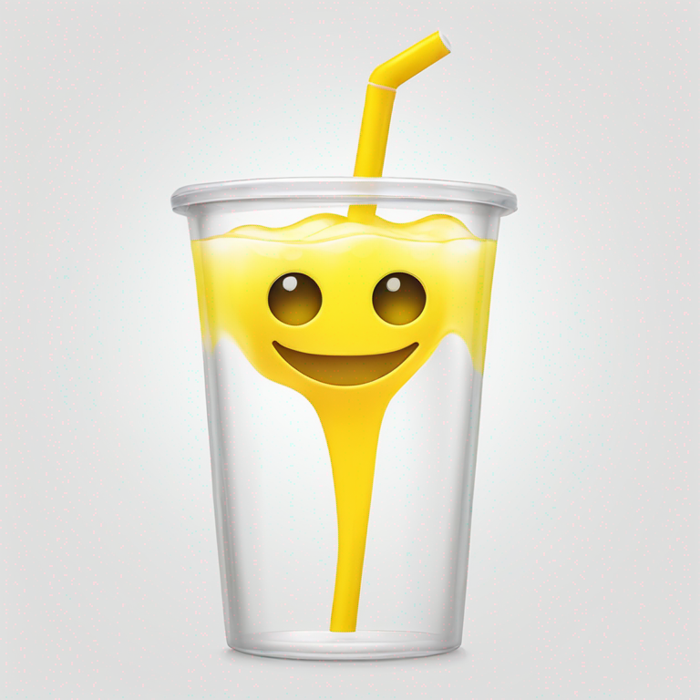 transparent white 3d bubble with eyes and smile is drinking yellow juice through a straw on white background, minimalist style-emoji