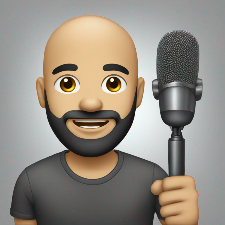 emoji of a young bald brazilian man HOLDING A MICROFONE LIKE A SINGER, with a BLACK beard AND DARK EYES,-emoji