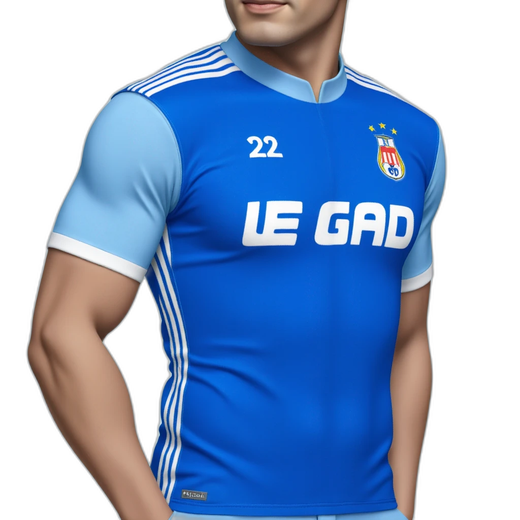 maillot bleu avec flocage "Le Gab" et en dessous 22-emoji