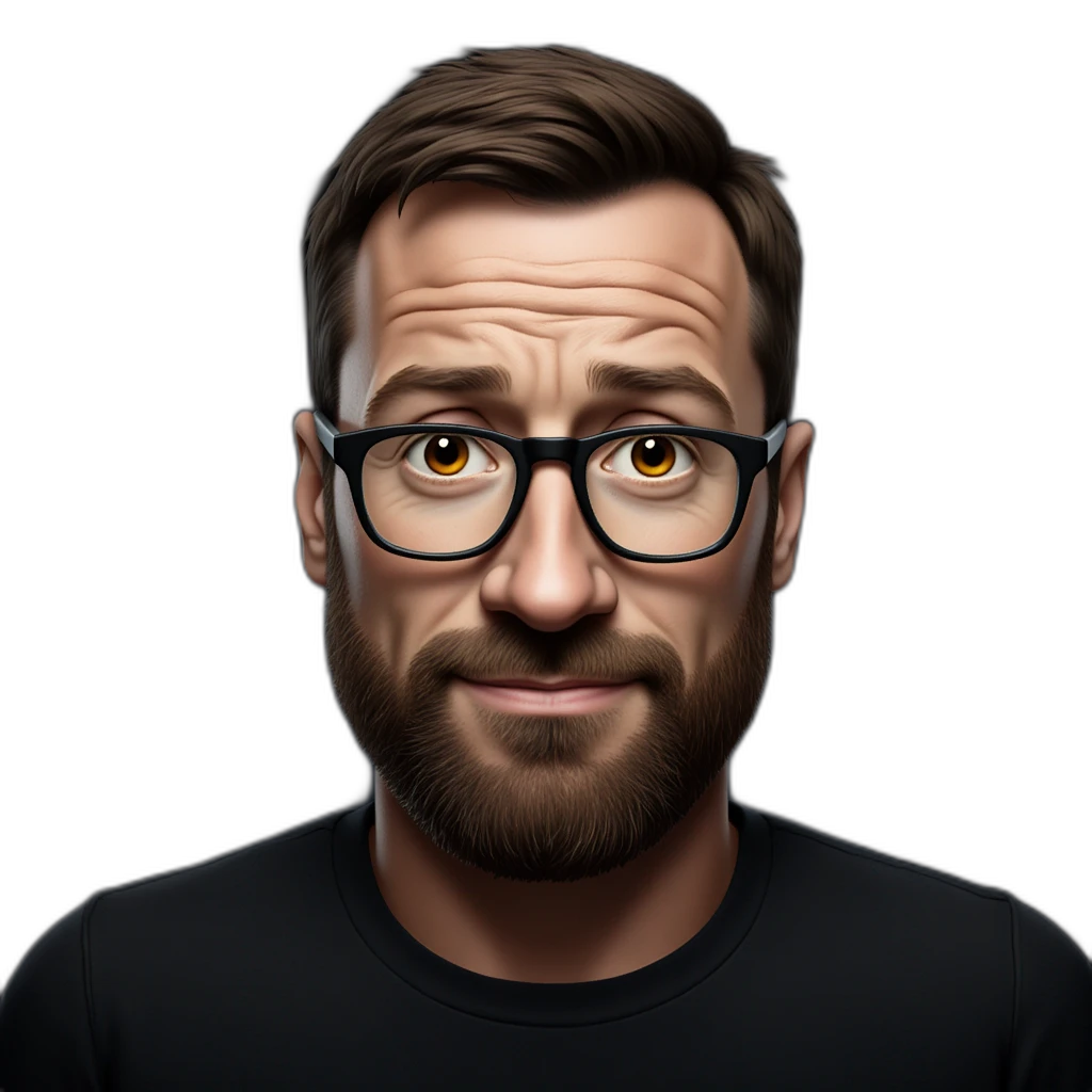 Hombre calvo con barba, gafas de lectura, expresión seria, fondo oscuro-emoji