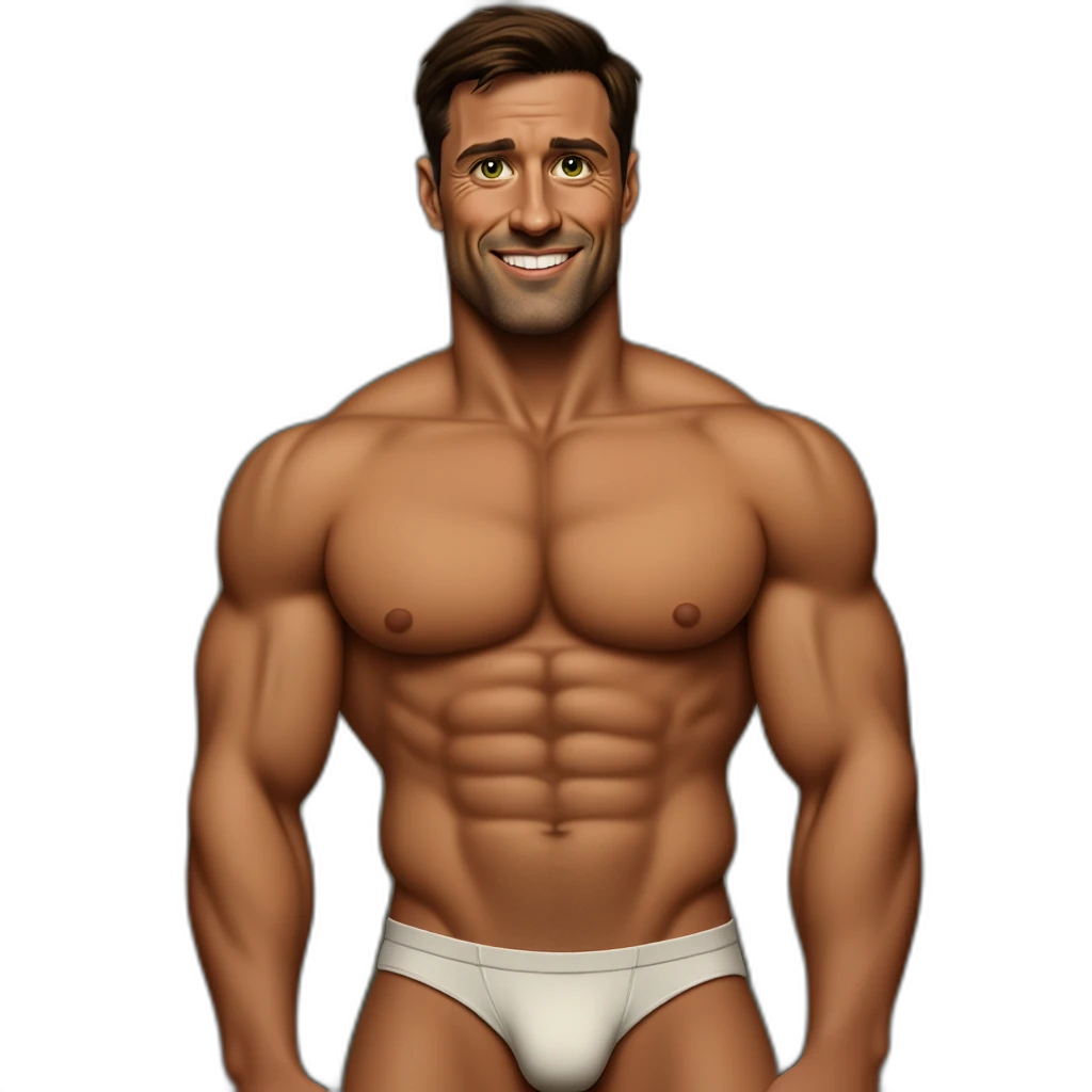 a man in underwear, smiling with green eyes-emoji