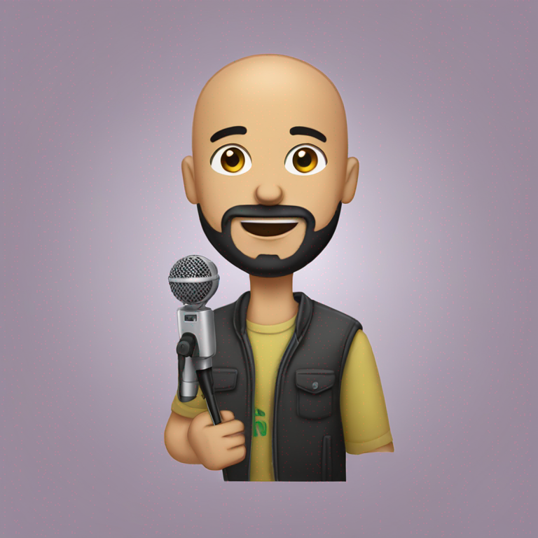 emoji of a young bald brazilian man HOLDING A MICROFONE LIKE A SINGER, with a BLACK beard AND DARK EYES,-emoji