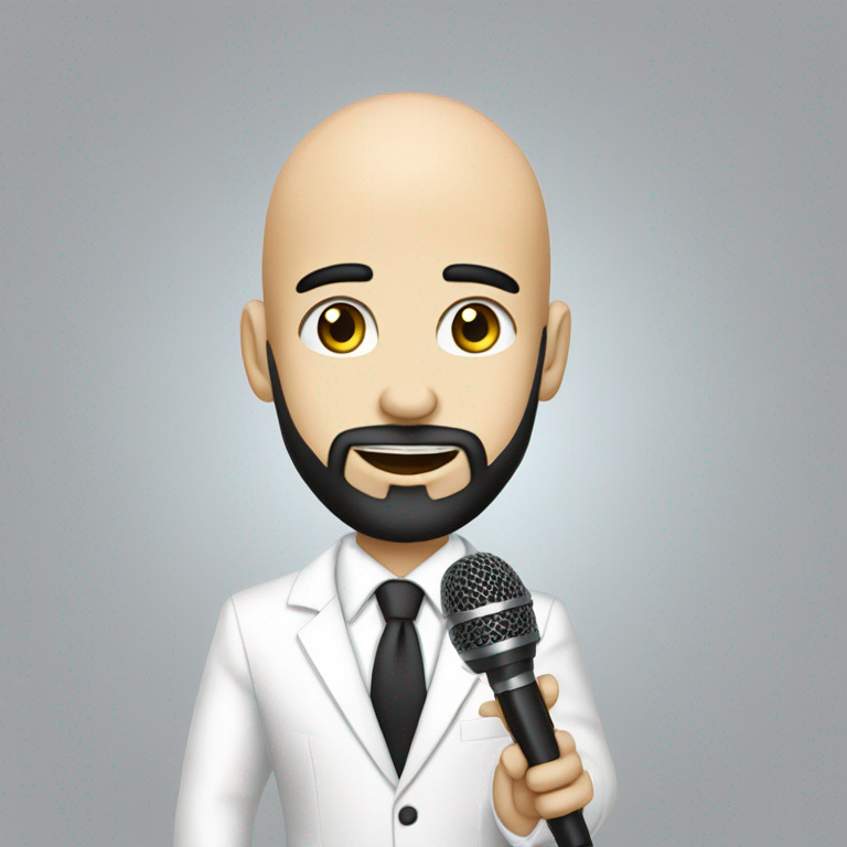 emoji of a head of a young bald brazilian man HOLDING A MICROFONE LIKE A SINGER, with a BLACK beard AND DARK EYES, WERING A MODERN WHITE SUIT-emoji