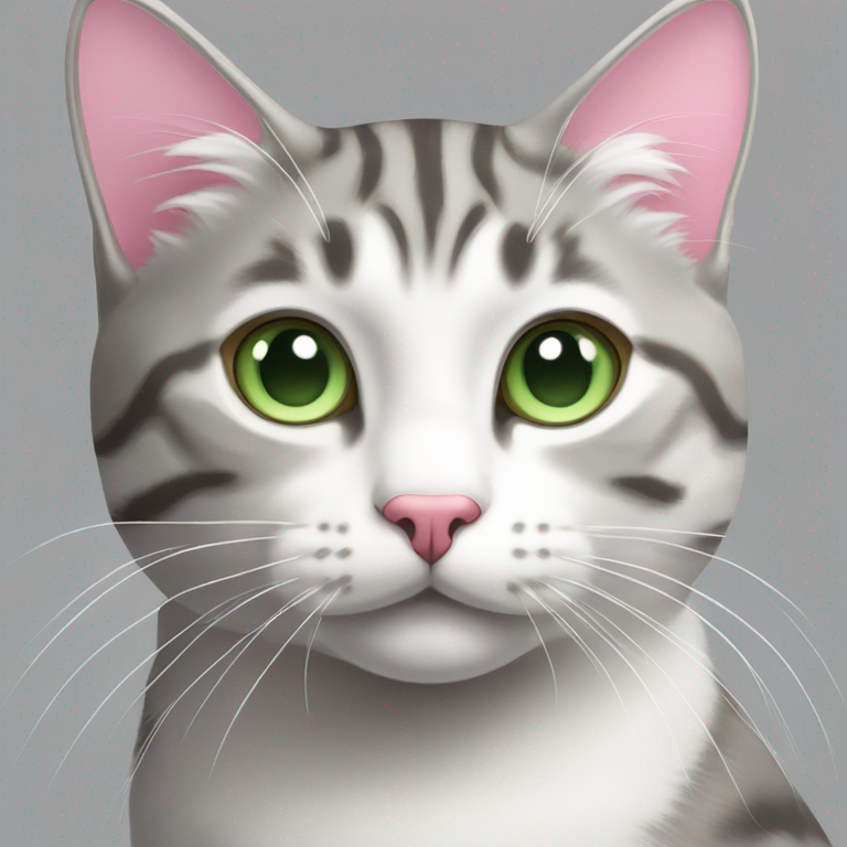 Gray and white tabby cat with pink nose, green eyes, long white whiskers and tufts on ears-emoji