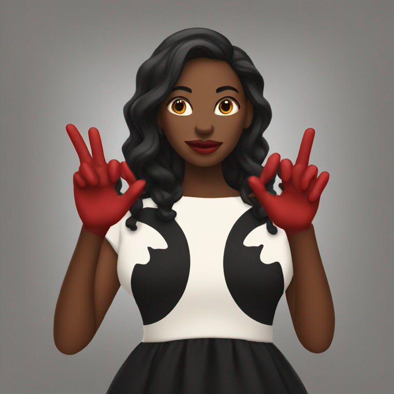 A Black woman with Oversized red flowing in a black dress Giving peace symbol with fingers-emoji