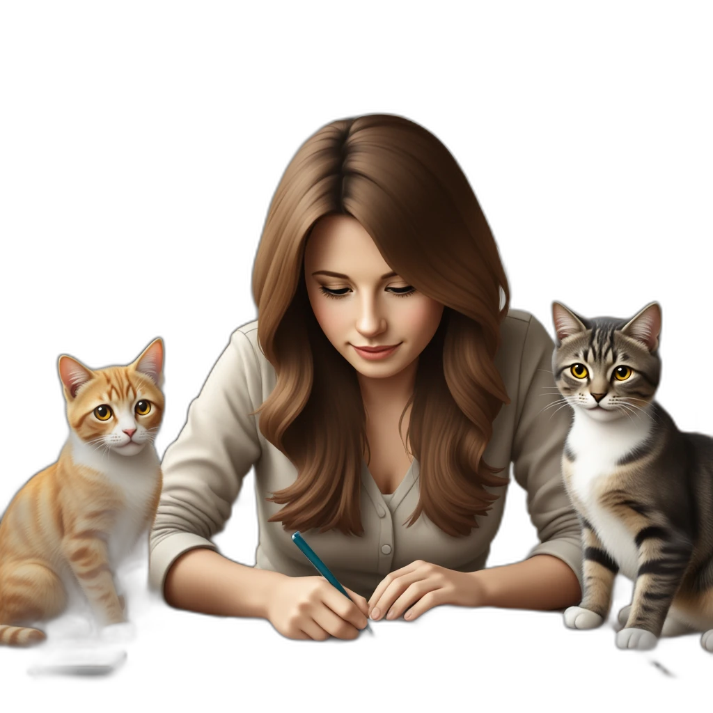 brown-haired woman working from home with her two cats-emoji