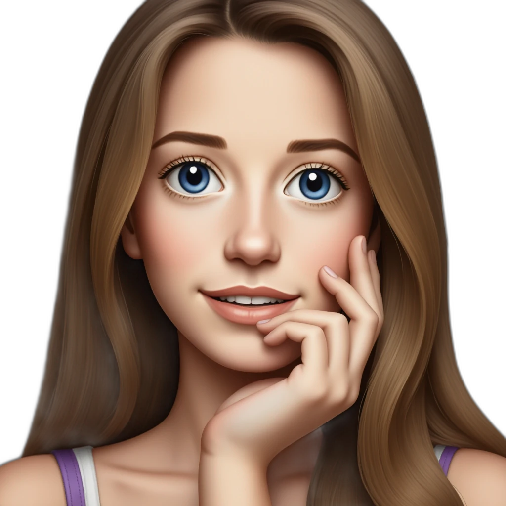 A girl with makeup, long light brown hair, blue eyes, with her palm up-emoji