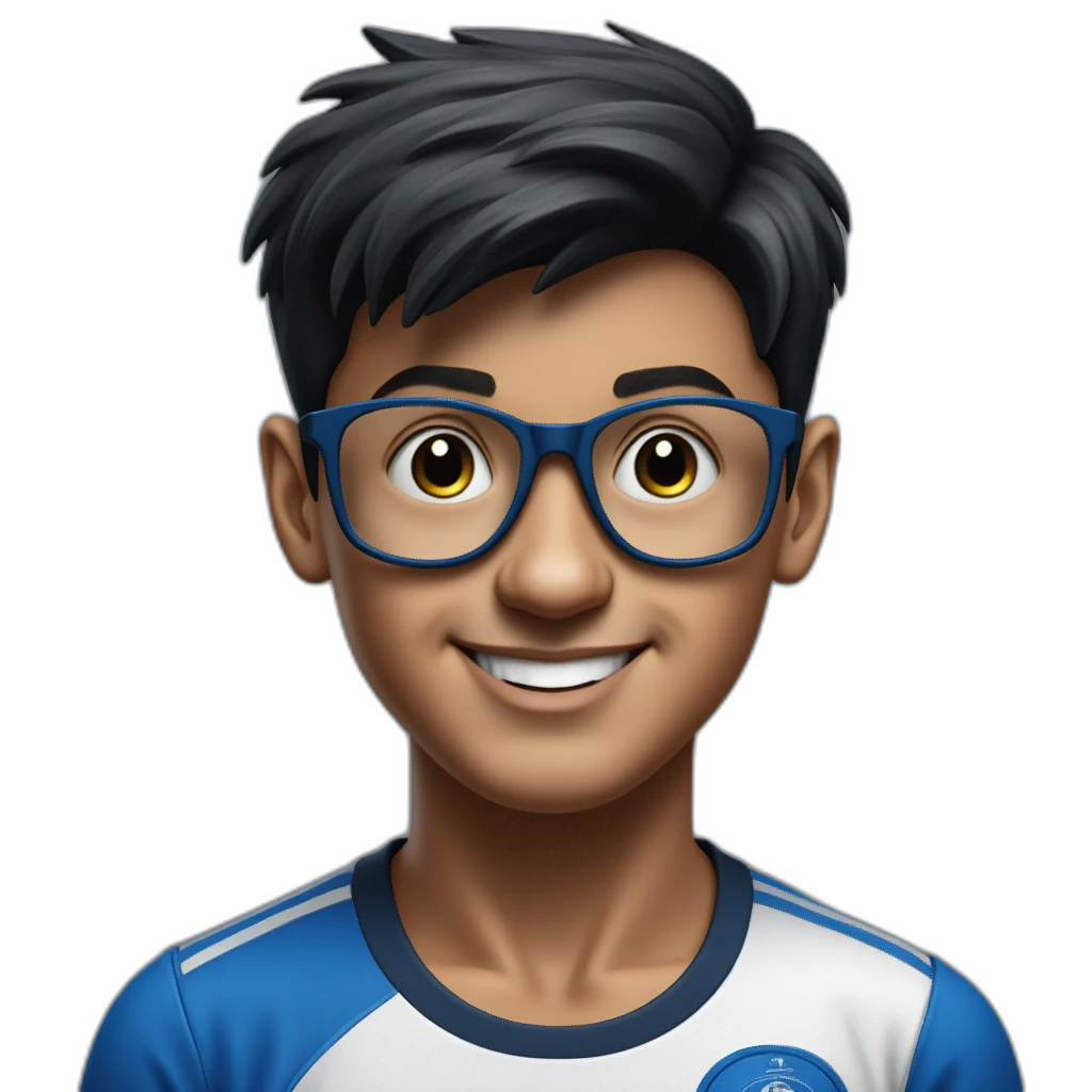 un niño de 13 años con el pelo castaño oscuro con gafas azules oscuras y con un conjunto de futbol-emoji