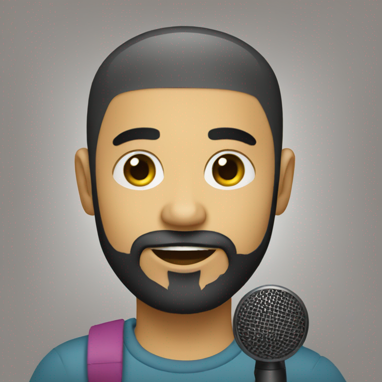 emoji of a young bald brazilian man HOLDING A MICROFONE LIKE A SINGER, with a BLACK beard AND DARK EYES,-emoji