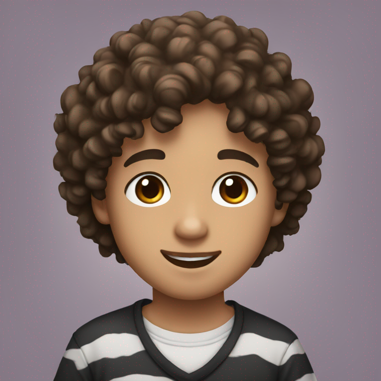 A young man with curly hair and brown eyes, wearing a panda shirt-emoji