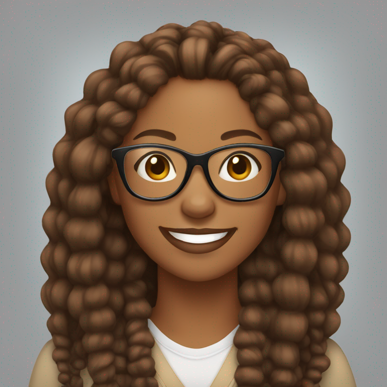 Brown skinned African American Woman with long Brown curly braids and clear glasses smiling-emoji