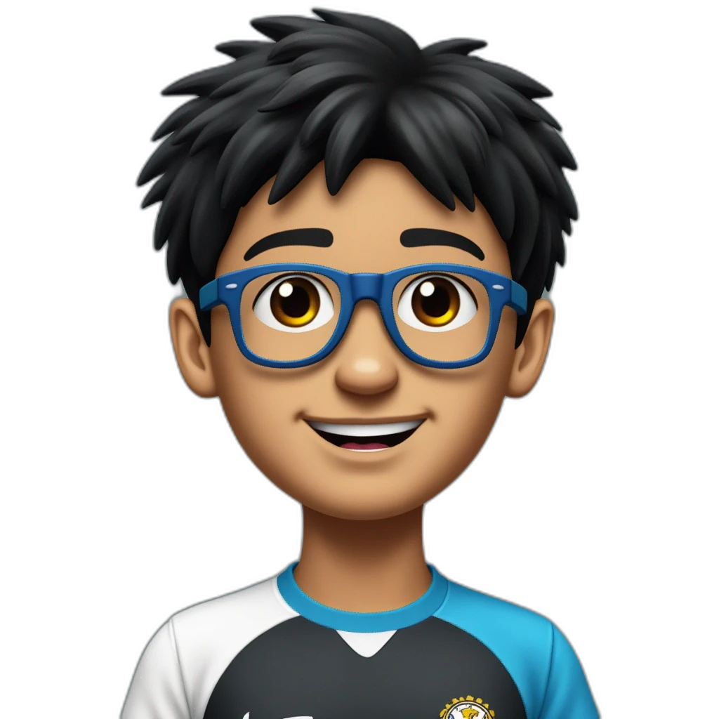 un niño de 13 años con el pelo castaño oscuro un poquito gordo con gafas azules oscuras y con un conjunto de futbol-emoji