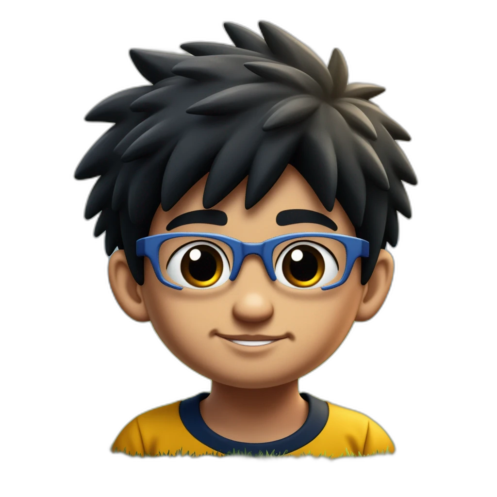 un niño de 13 años con el pelo castaño oscuro un poquito gordo con gafas azules oscuras y con un conjunto de futbol-emoji