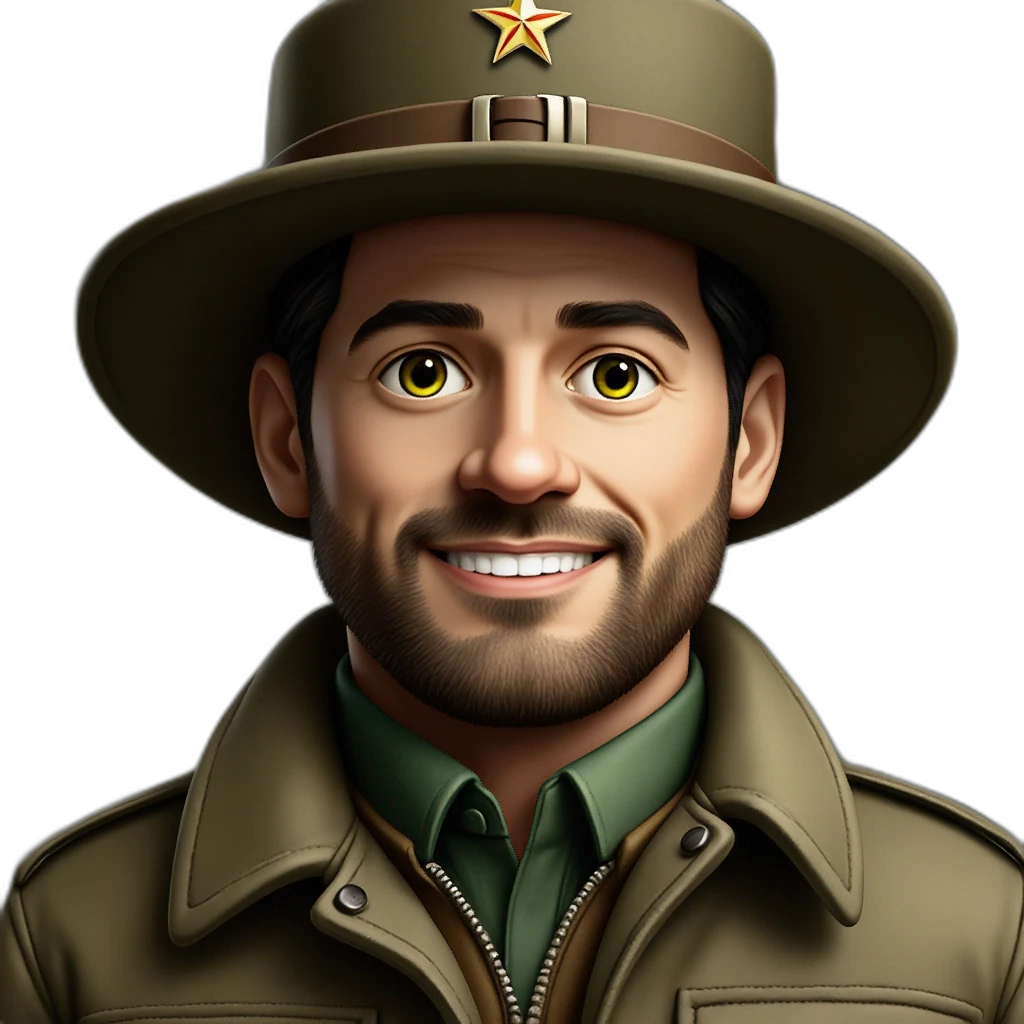 hombre joven blanco, rubio, con barba y perilla, ojos verdes chaqueta de militar y gorro de cocinero-emoji