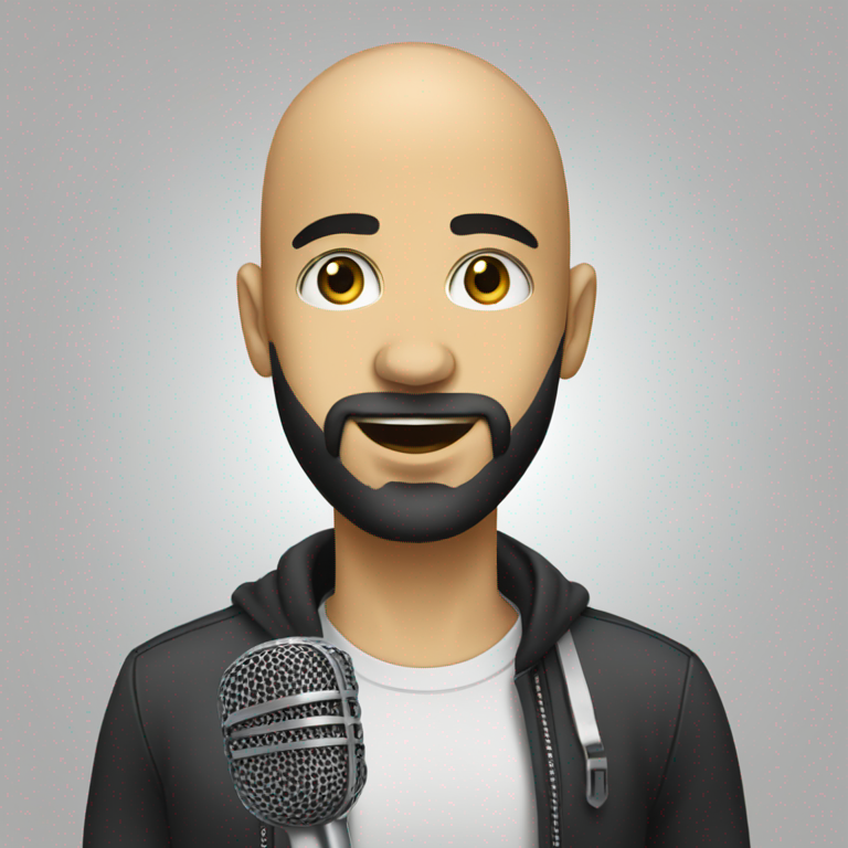 emoji of a head of a young bald brazilian man HOLDING A MICROFONE LIKE A SINGER, with a BLACK beard AND DARK EYES,-emoji