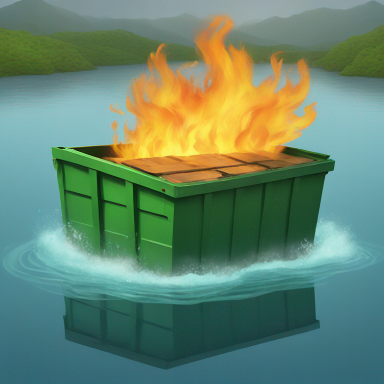 Dumpster on fire floating down a river-emoji