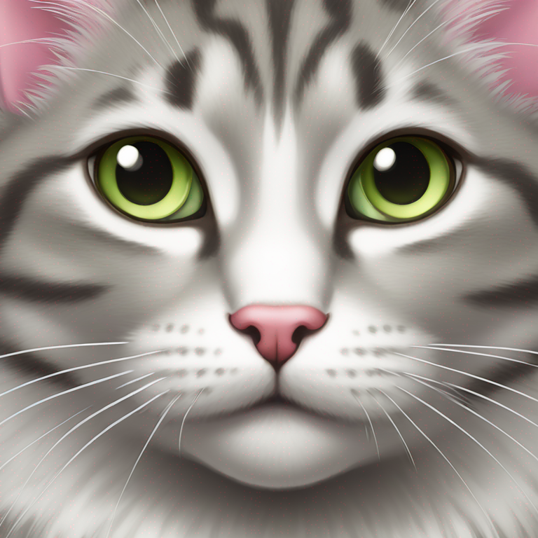 Gray and white tabby cat with pink nose, green eyes, long white whiskers and tufts on ears-emoji