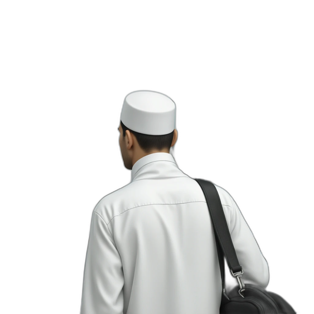 A picture of a Muslim pilgrim wearing white at the airport waiting for his turn to board a plane heading to Mecca.-emoji