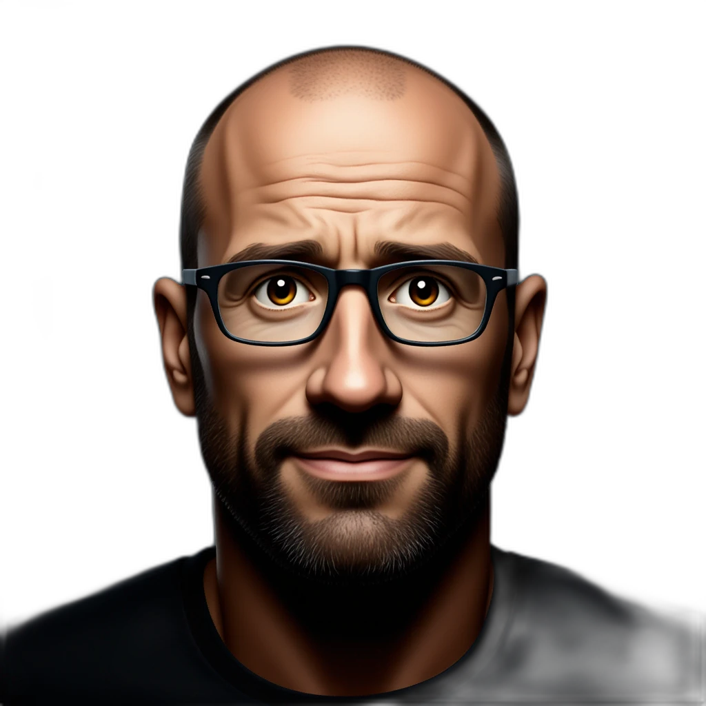 Hombre calvo con barba, gafas de lectura, expresión seria, fondo oscuro-emoji