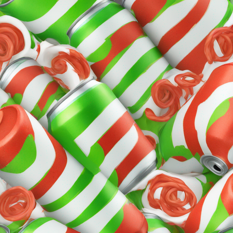 a soft drink can with a red rim at the top and then green and white spirals going round the rest of the can-emoji