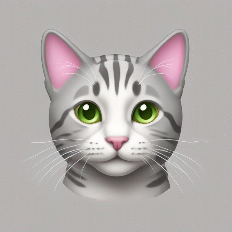 Gray and white tabby cat with pink nose, green eyes, long white whiskers and tufts on ears emoji-emoji