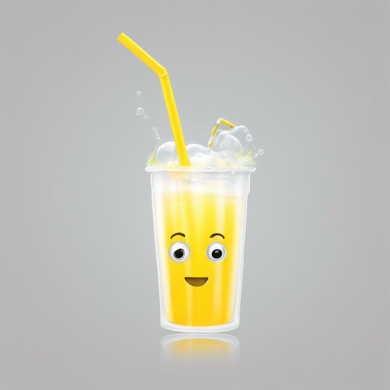 transparent white 3d bubble with eyes and smile drinking yellow juice through a straw on white background, minimalist style-emoji