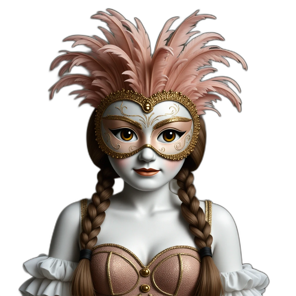 A white-skinned girl takes off her fancy dress mask with feathers-emoji